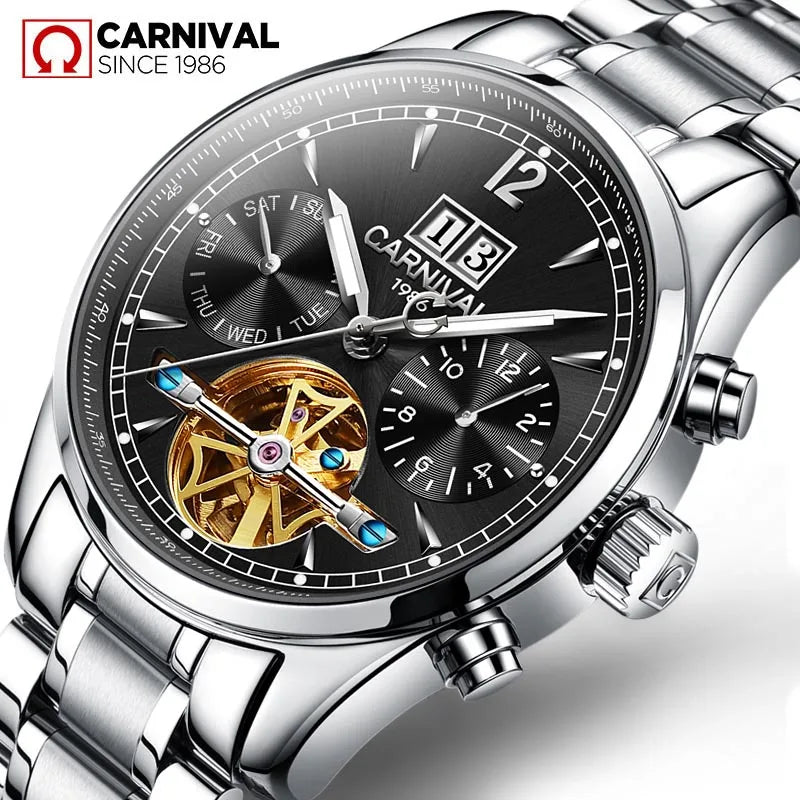 Carnival Luxury Tourbillon Mechanical Watch Mens Stainless Steel Waterproof Luminous Automatic Watches for Men Relogio Masculino