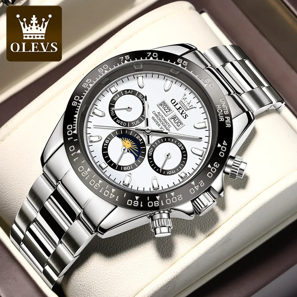 OLEVS 6654 Mens Watch Original Luxury Brand Chronograph Automatic Mechanical Sports Wristwatch Waterproof Luminous Watch For Man