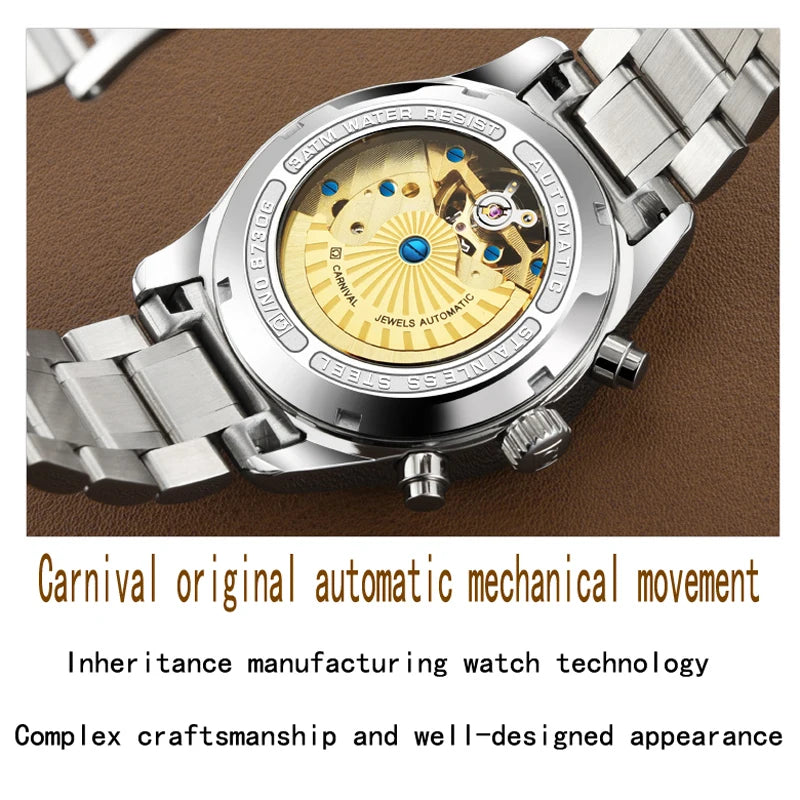Carnival Luxury Tourbillon Mechanical Watch Mens Stainless Steel Waterproof Luminous Automatic Watches for Men Relogio Masculino