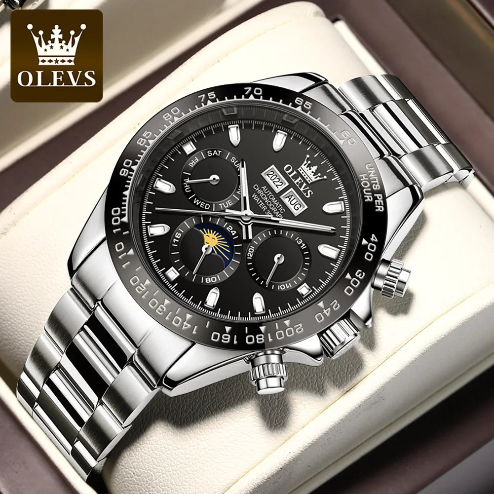 OLEVS 6654 Mens Watch Original Luxury Brand Chronograph Automatic Mechanical Sports Wristwatch Waterproof Luminous Watch For Man