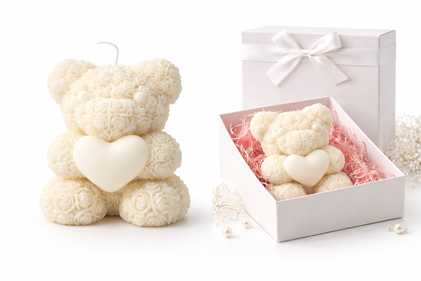 Rose Teddy Bear Candle with Heart